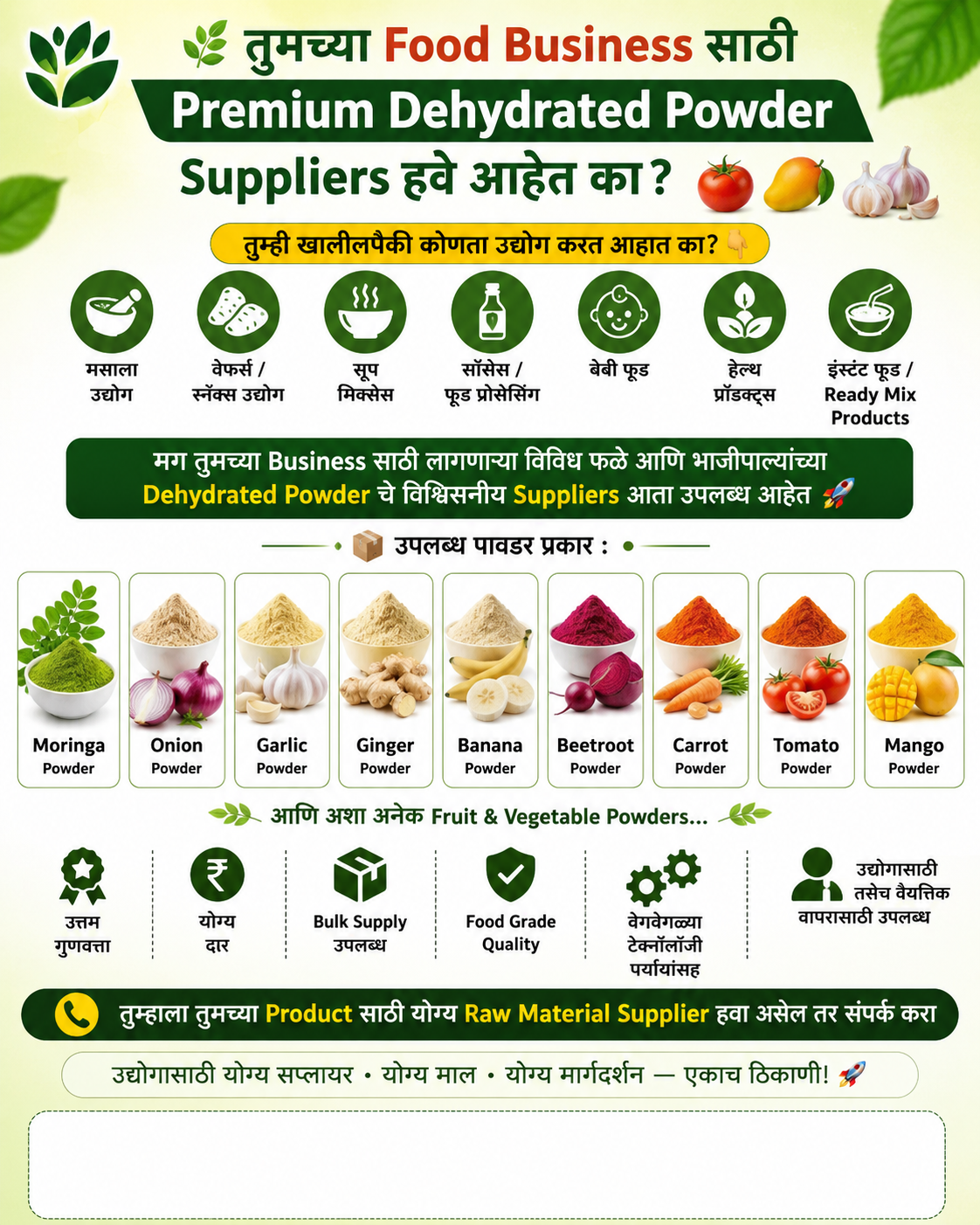 🌿 तुमच्या Food Business साठी Premium Dehydrated Powder Suppliers हवे आहेत का? 🍅🥭🧄