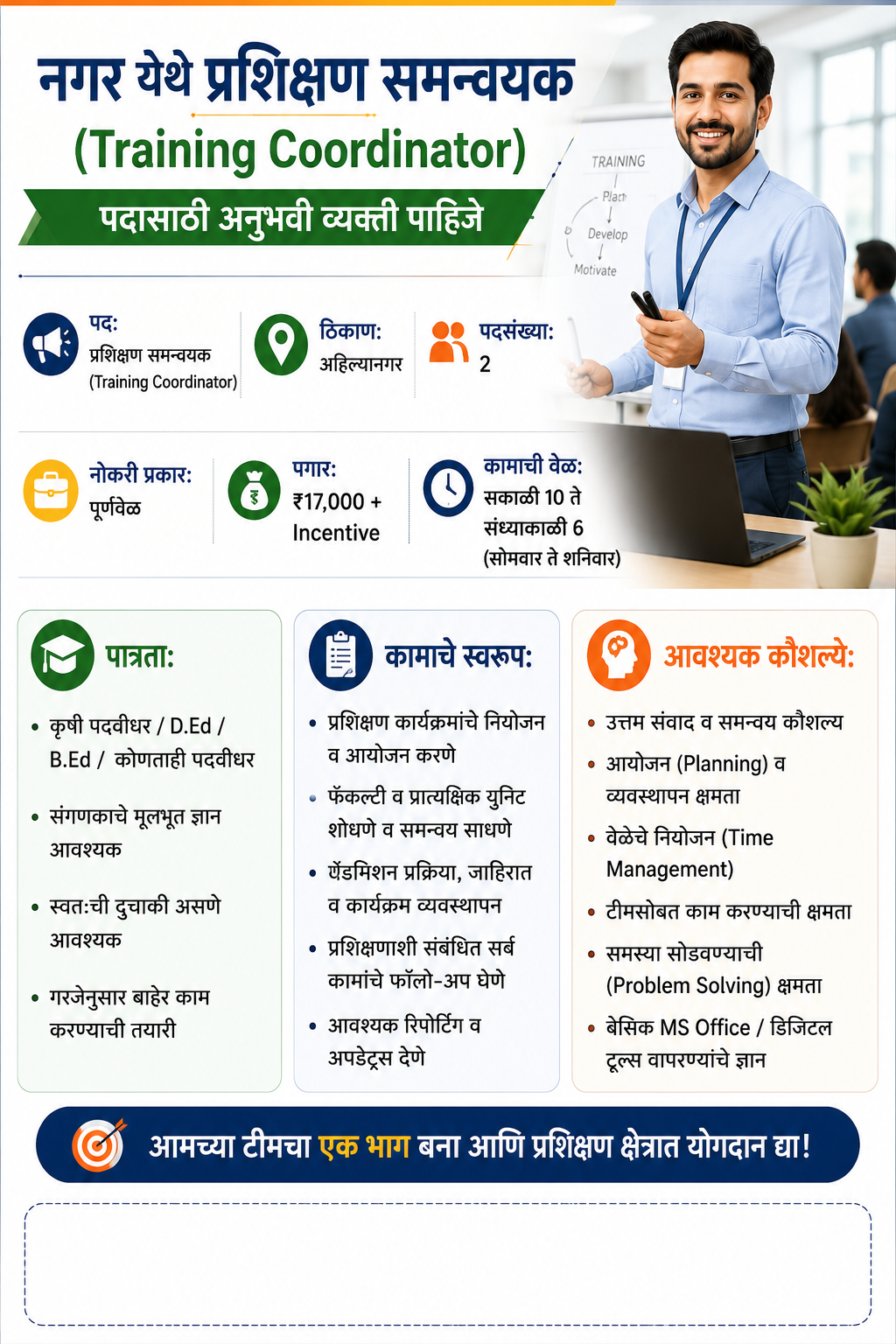 नगर येथे प्रशिक्षण समन्वयक (Training Coordinator) पदासाठी अनुभवी व्यक्ती पाहिजे
