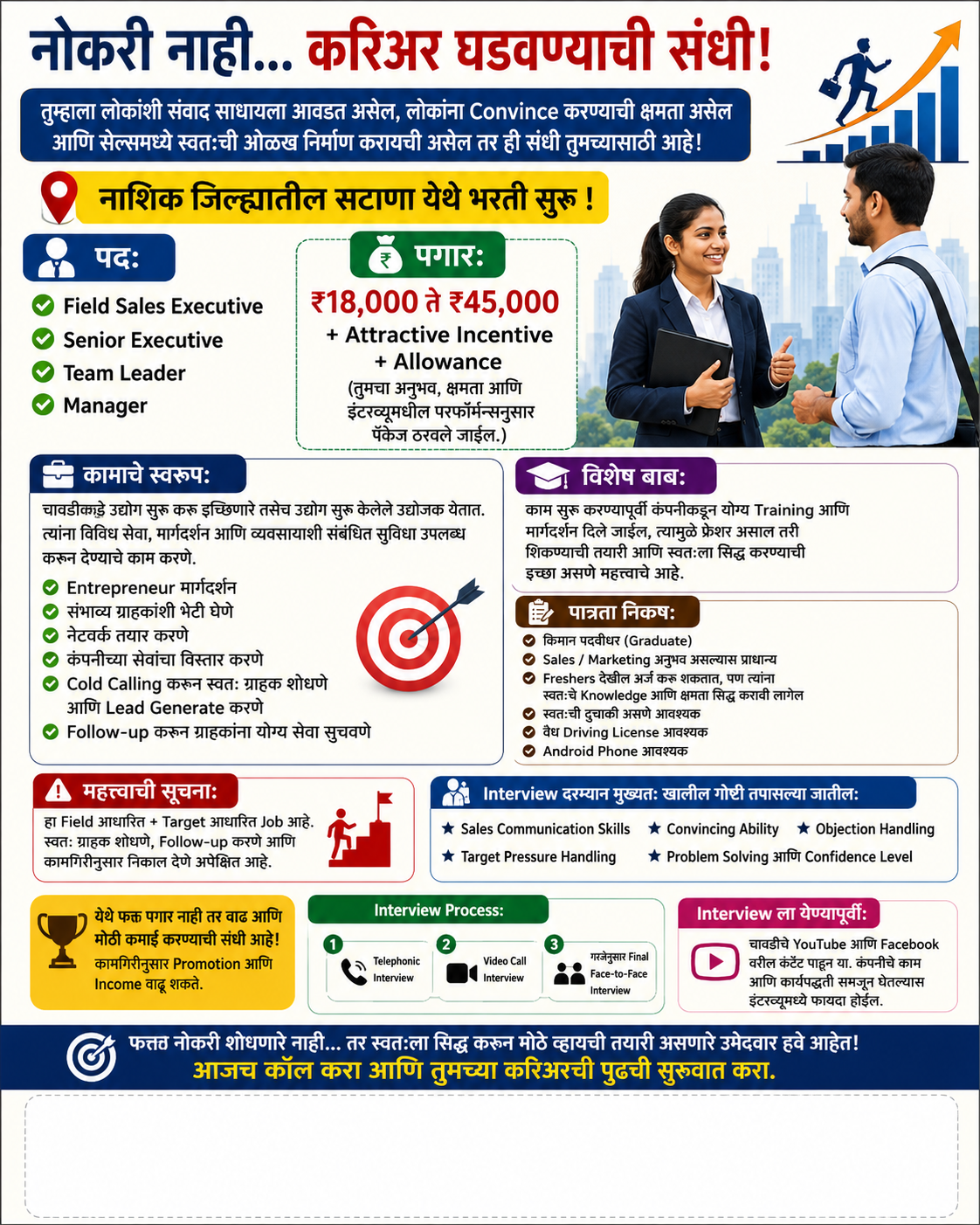 नाशिक (सटाणा) येथे अनुभवी फील्ड सेल्स स्टाफ हवा आहे
