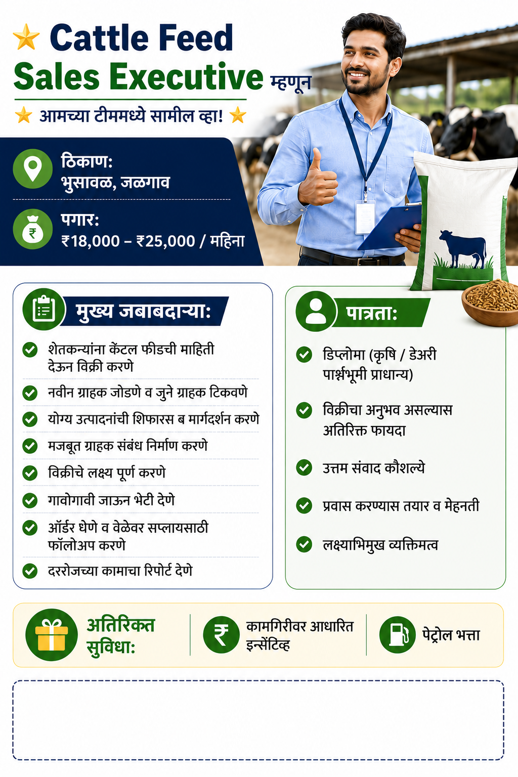 जळगाव येथे कॅटल फीड सेल्स एक्झिक्यूटिव्ह पाहिजे